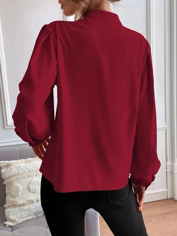 Loose Puff Sleeves Pleated Solid Color Split-Joint Stand Collar Blouses Product Image