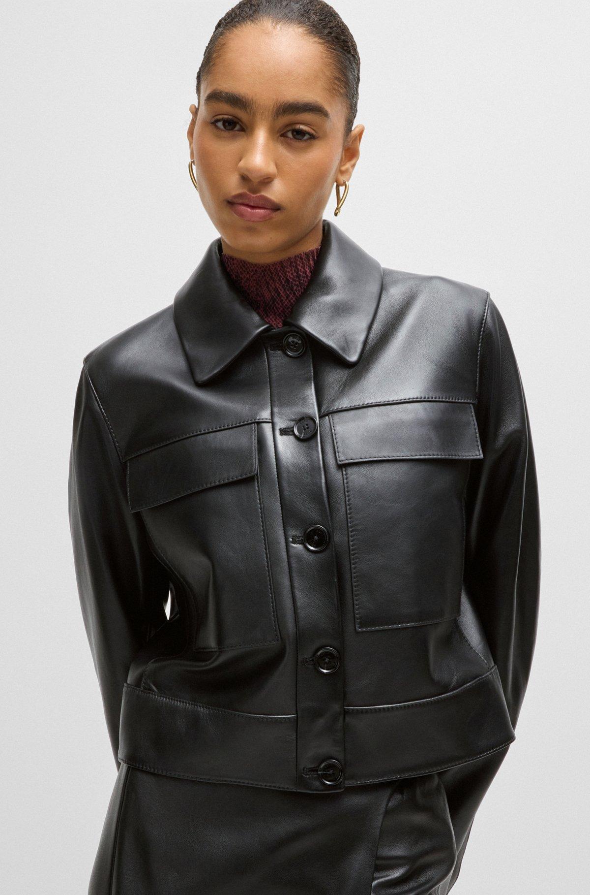 Leather jacket with contrast cuffs and buttoned closure Product Image