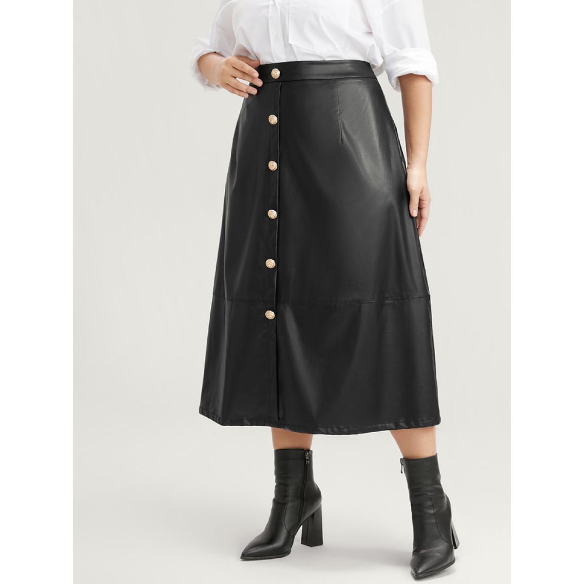 Plus Size PU Leather Button Detail Skirt Women Black Glamour Button Low stretch Going out Skirts BloomChic 26/4X Product Image