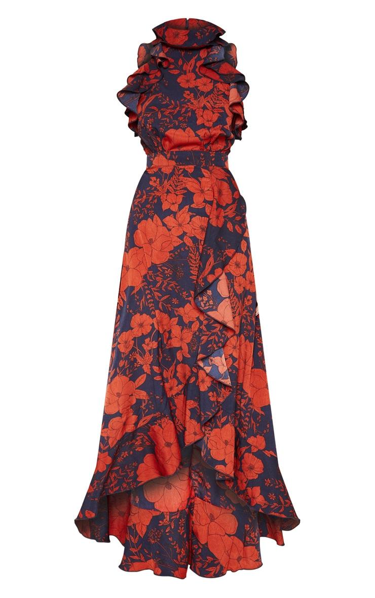 Navy Floral Print Frill Detail Wrap Maxi Dress Product Image