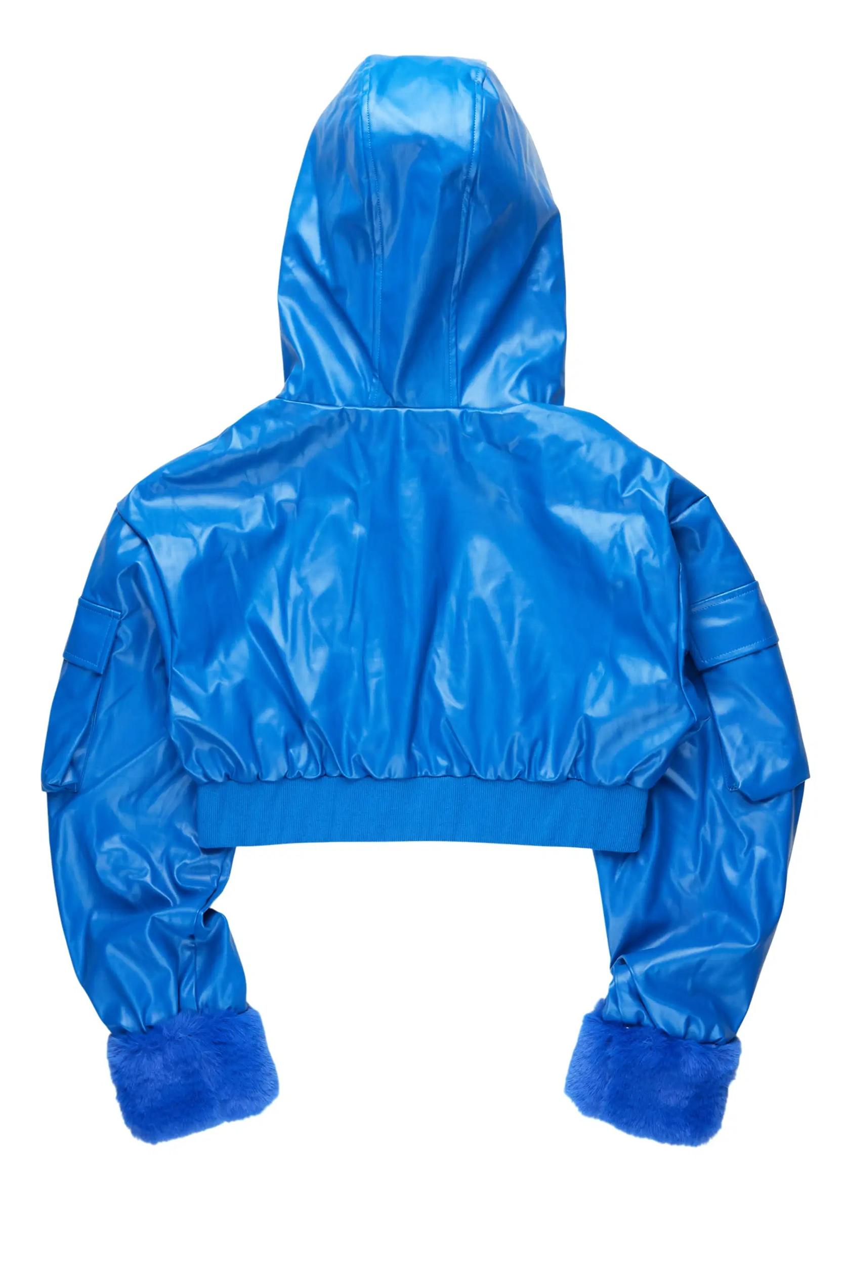 Amyia Royal Blue PU Jacket With Fur Hood Female Product Image