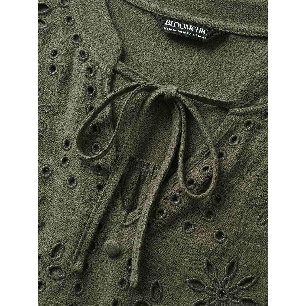 Plus Size ArmyGreen Broderie Anglaise Tie Knot Lantern Sleeve Blouse Women Boho Elbow-length sleeve Notched collar Vacation Blouses BloomChic 28/5X Product Image