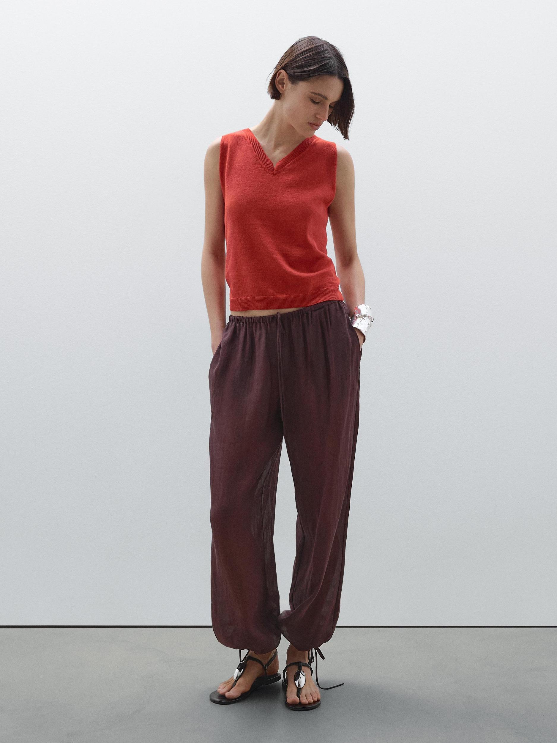 Flowing ramie blend drawstring trousers Product Image