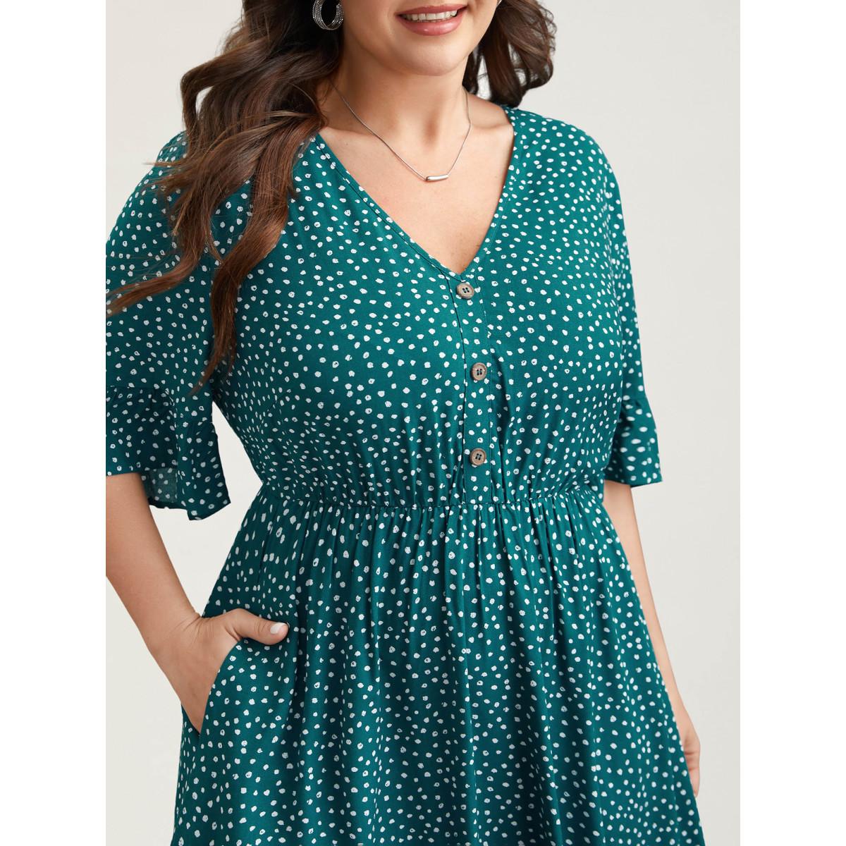 Plus Size Button Detail Front Tiered Ruffle Sleeve Midi Dress Cyan Women At the Office Button V-neck Half Sleeve Curvy BloomChic 28/5X Product Image