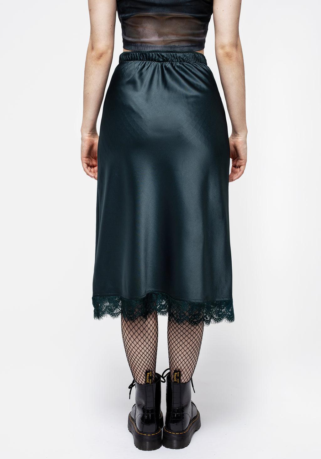 Medeina Lace Trim Satin Midi Skirt - Green Product Image