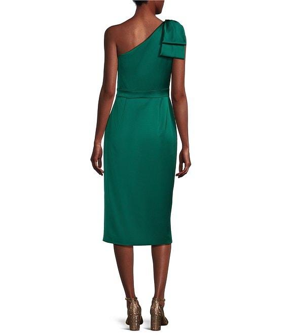 Alex Marie Molly Satin Asymmetrical One Bow Shoulder Sleeveless Faux Wrap Split Hem Sheath Midi Dress Product Image