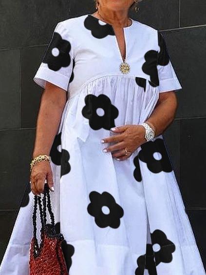 A-Line Loose Flower Print Pleated Split-Joint Round-Neck Midi Dresses Product Image