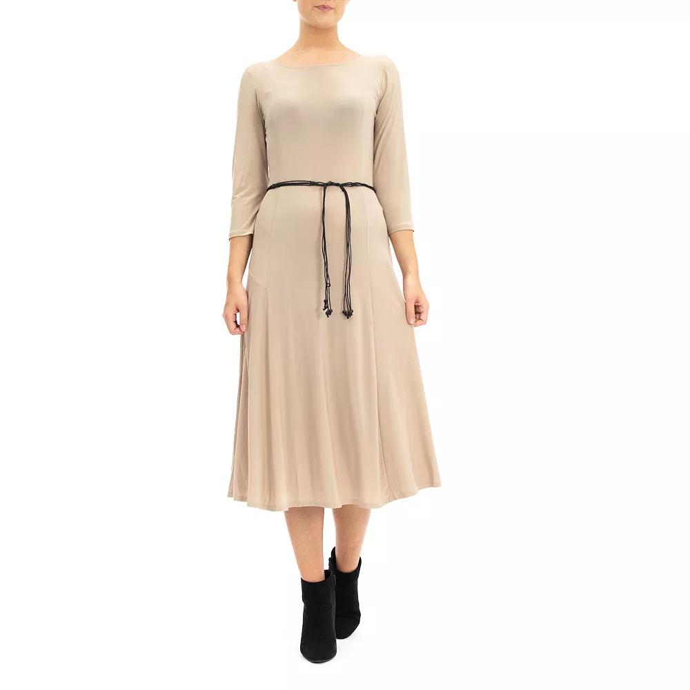 Women's Nina Leonard Three-Quarter Sleeve Belted Midi Dress,  Product Image