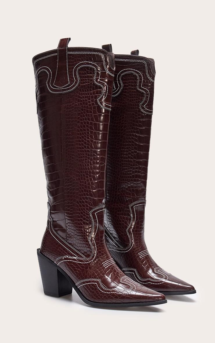 Burgundy Croc Pu Point Toe Western Stitch Knee High Block Heeled Boots Product Image