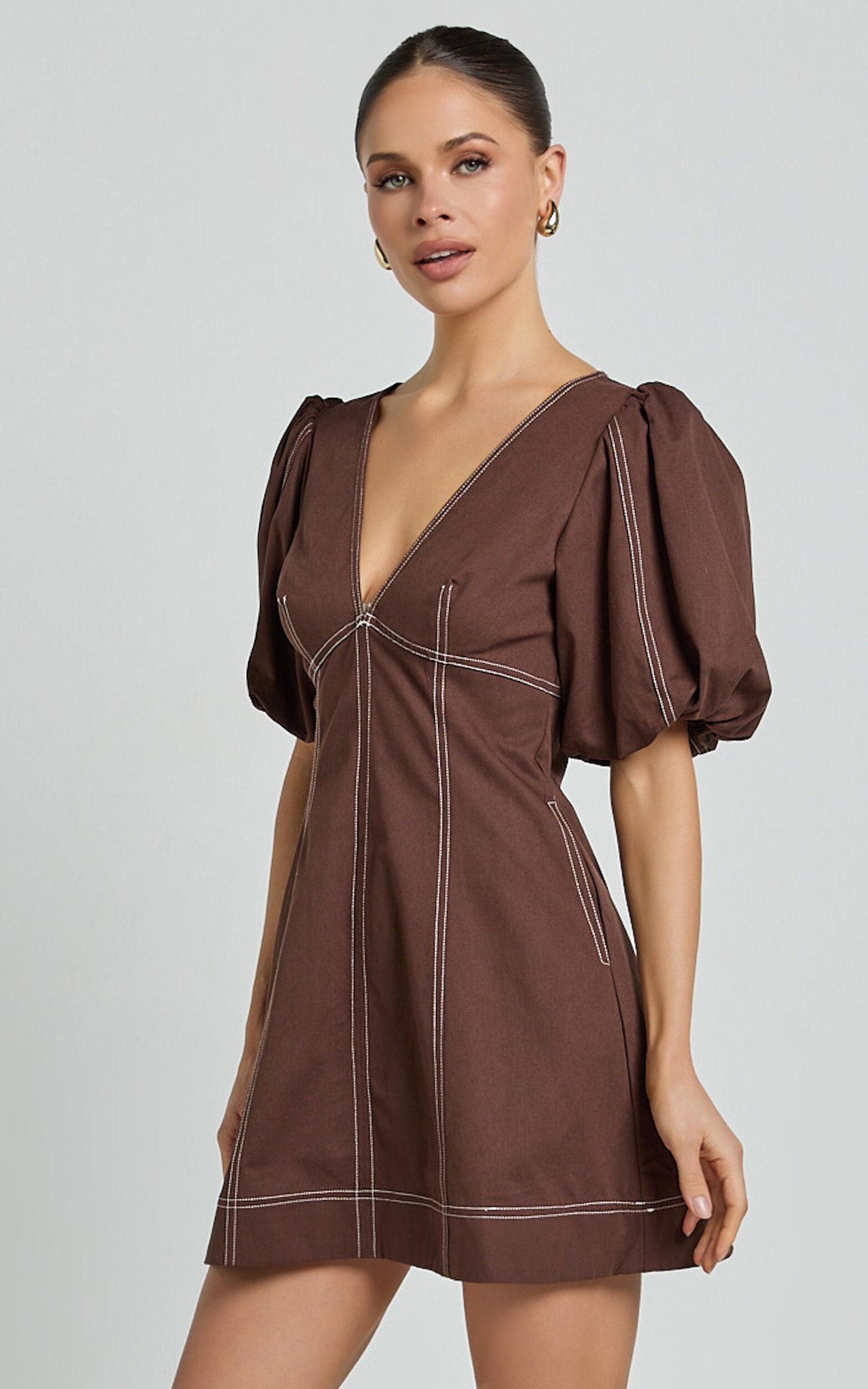 Tallie Mini Dress - Linen Puff Sleeve A Line Dress in Chocolate Product Image