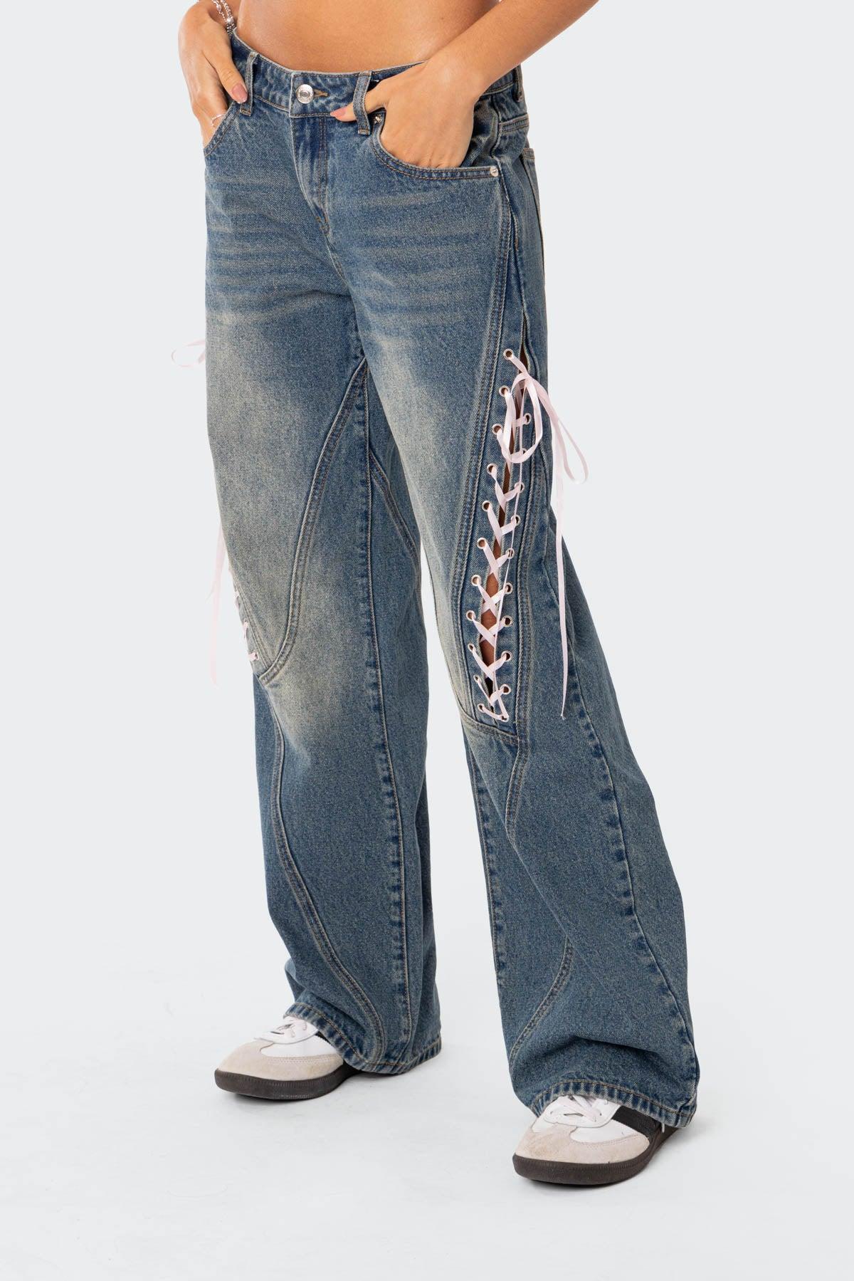 Ribbon Lace Up Low Rise Baggy Jeans Product Image