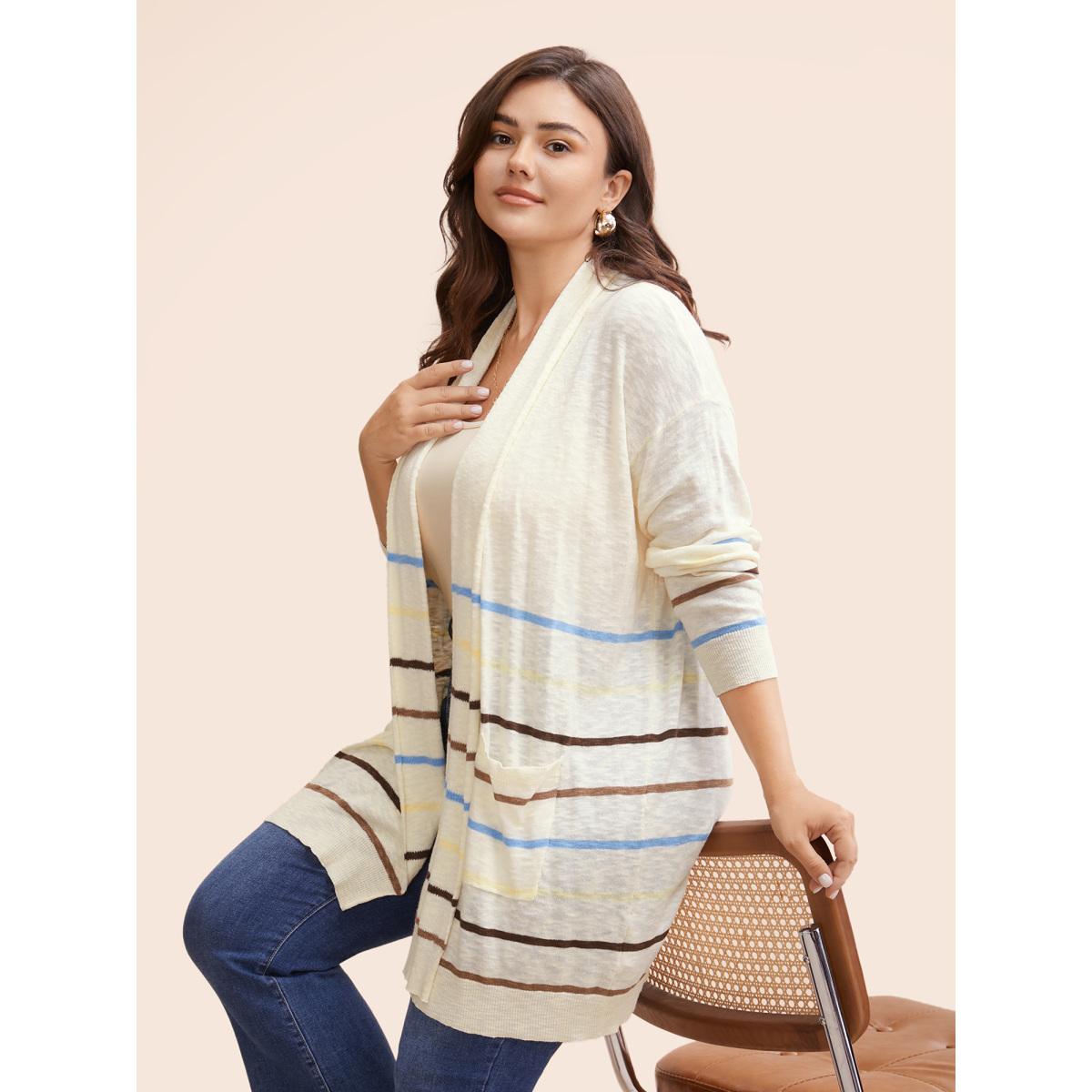 Plus Size Contrast Striped Pocket Open Front Cardigan Beige Women Casual Loose Three Quater Length Sleeve Everyday Cardigans BloomChic 14-16/1X Product Image