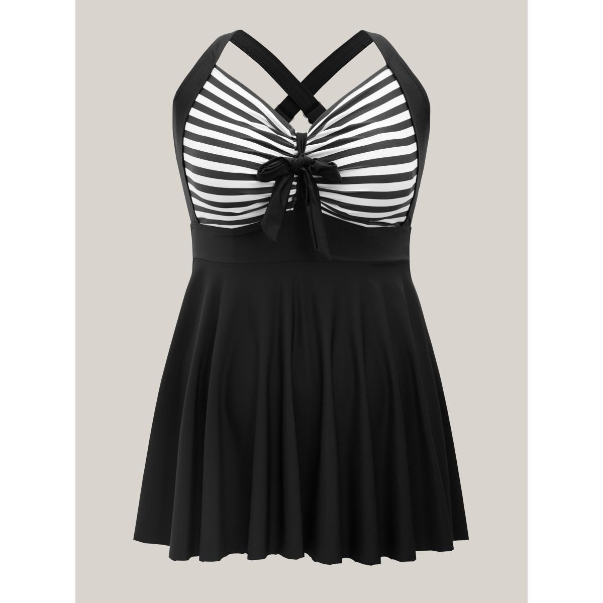 Plus Size Stripes Patchwork Tie Knot Cross Straps Swim Dress Women's Swimwear Black Resort Bodycon Heart neckline High stretch Curve Swim Dresses BloomChic 22-24/3X Product Image