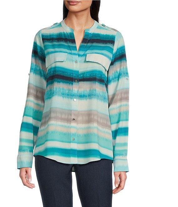 Calvin Klein Split Neck Roll Tab Button Front Blouse Product Image