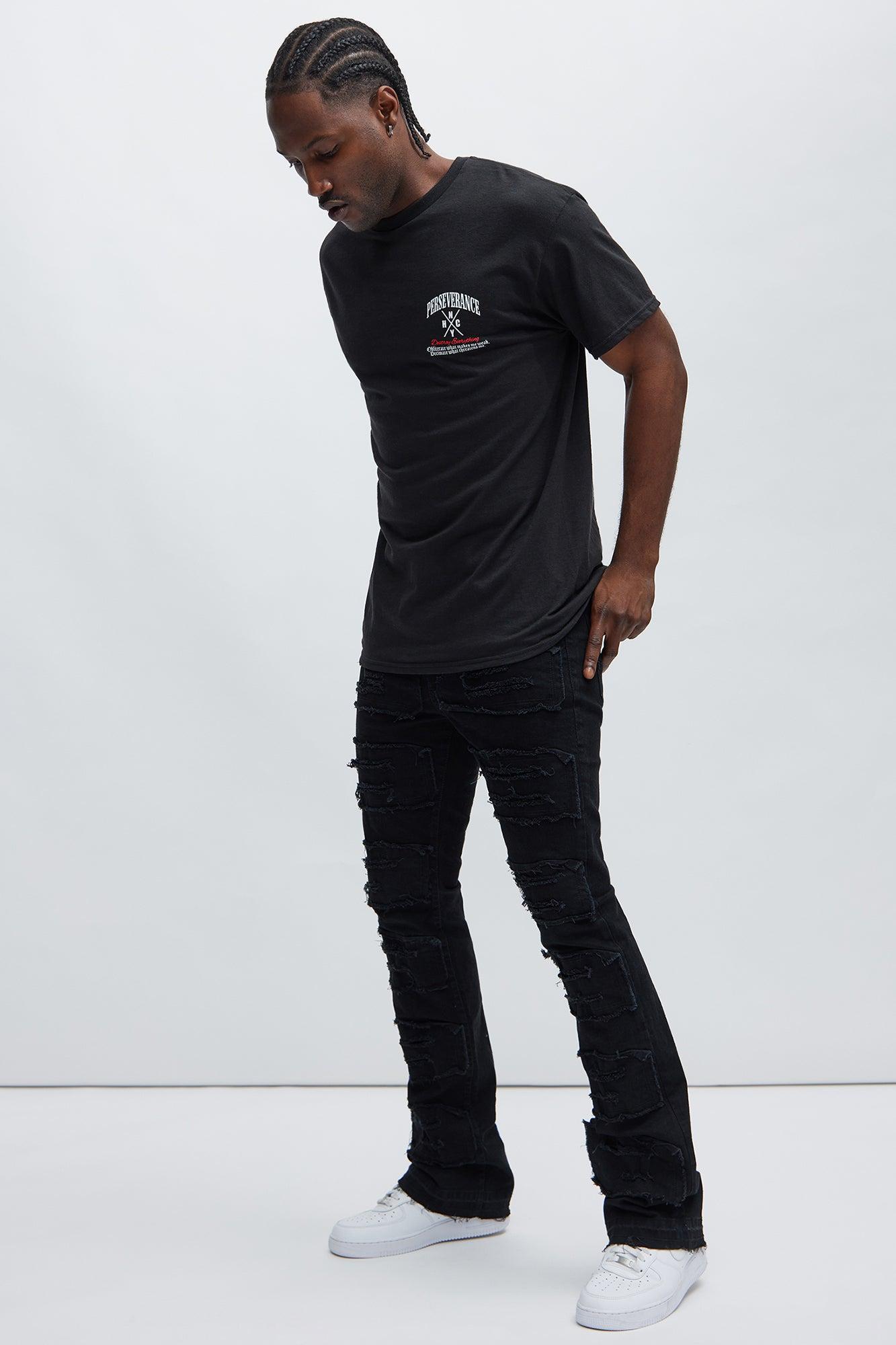 Patch Ripped Stacked Skinny Flare Jeans - Black Product Image