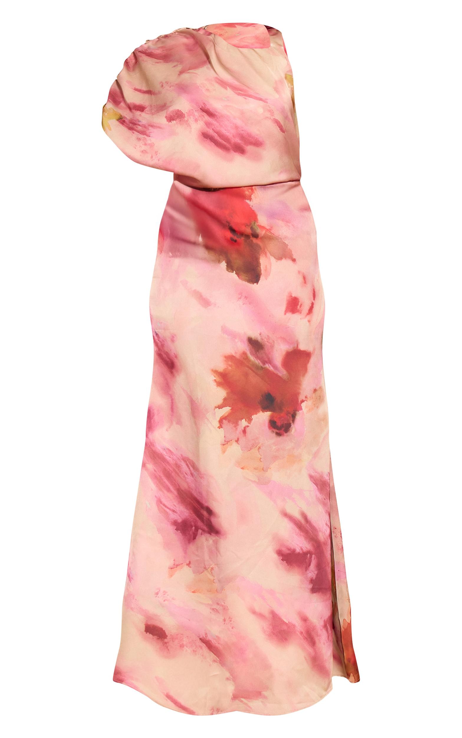 Pink Printed Asymmetric Ruched Detail Maxi Dress Product Image