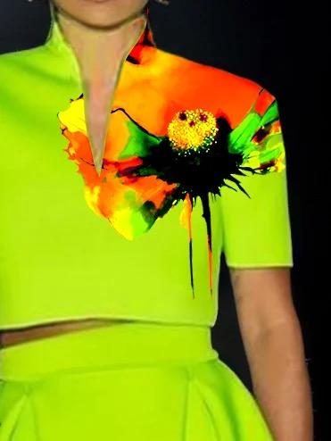 Loose Short Sleeves Flower Print V-Neck T-Shirts Tops Product Image