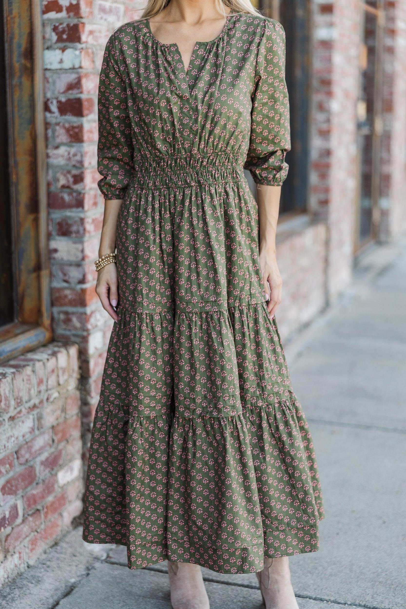 It's In The Air Olive Green Floral 3/4 Sleeve Midi Dress Female Product Image