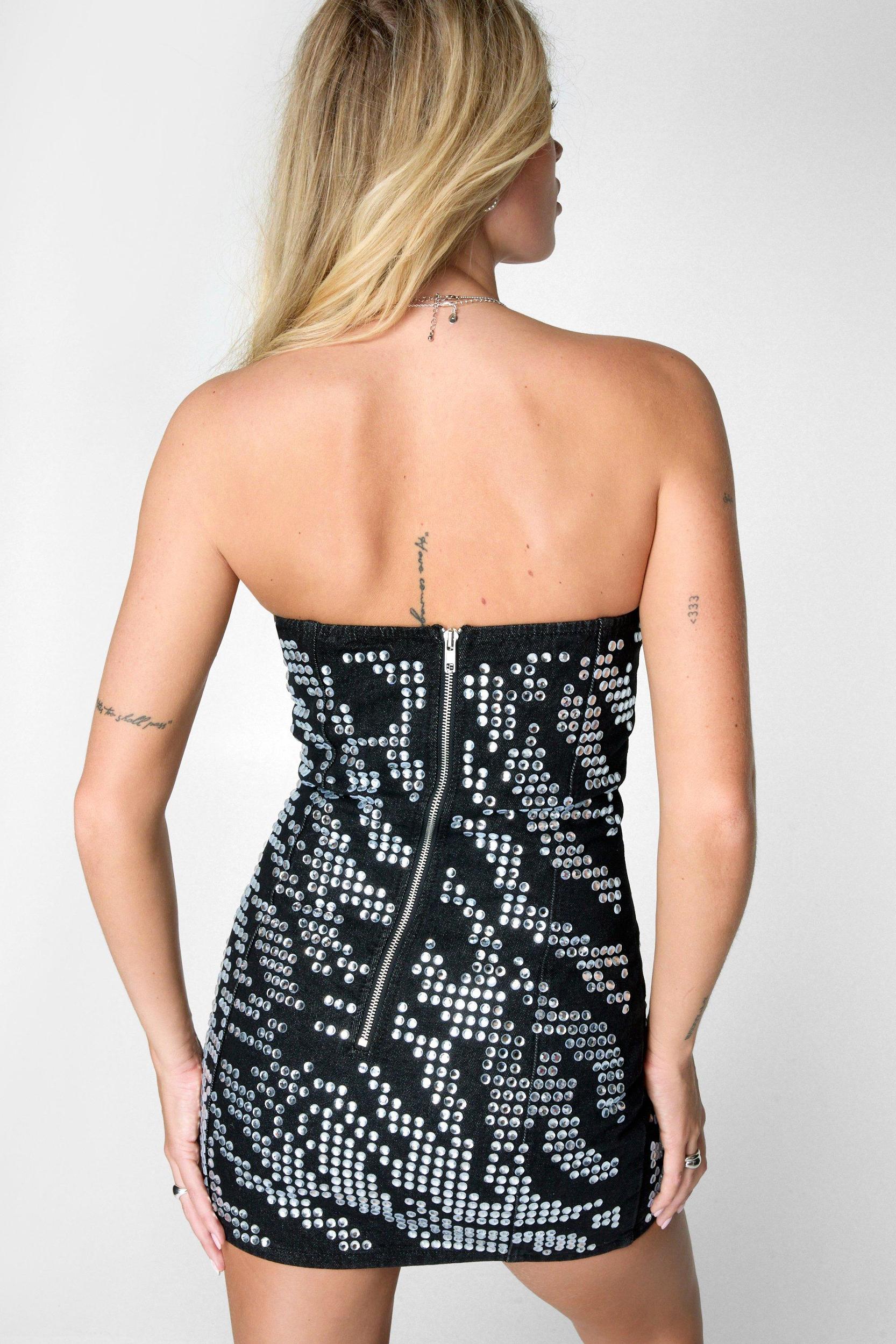 Zebra Diamante Denim Mini Dress Product Image