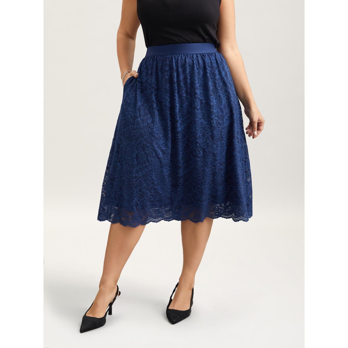 Plus Size Stretchy-Waist Pleated Lace Midi Skirt Women Indigo Elegant Tiered Low stretch Side seam pocket Everyday Skirts BloomChic 30/6X Product Image