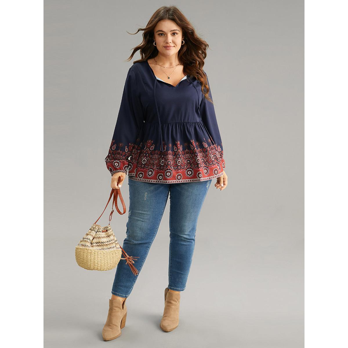 Plus Size Indigo Boho Print Lantern Sleeve Tie Neck Elastic Waist Blouse Women Vacation Long Sleeve Tie Neck Vacation Blouses BloomChic 28/5X Product Image