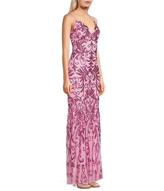 Morgan & Co. Sequin Pattern Contrast Beading V-Neck Spaghetti Strap Dress Product Image