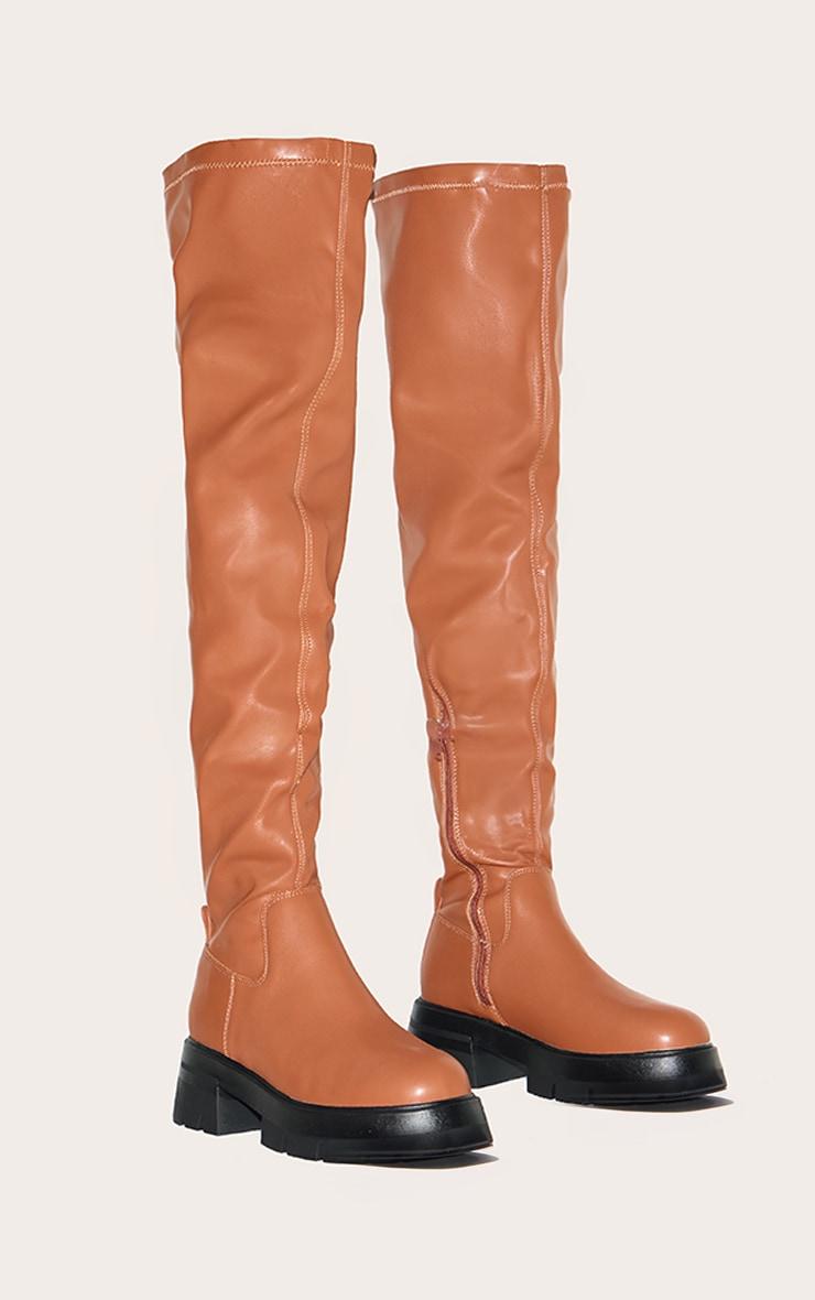 Brown PU Wide Fit Chunky Arched Sole Over The Knee Boots Product Image