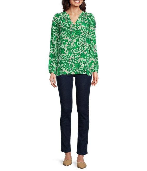 Lilly Pulitzer Elsa Silk Leaf Print V-Neck Button Front Bracelet Sleeve Top Product Image