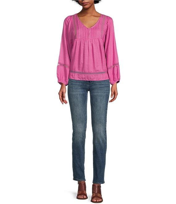 Lucky Brand Floral Print Pintuck Lace V-Neck Long Blouson Sleeve Top Product Image