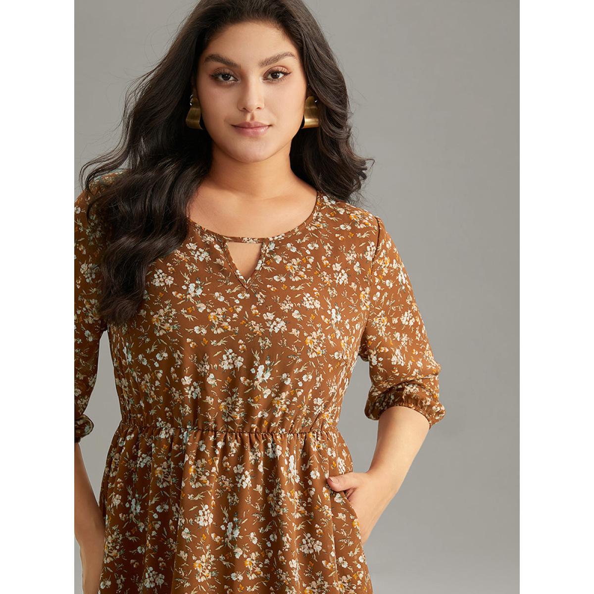 Plus Size Ditsy Floral Cut Out Elastic Cuffs Dress Rust Women Elegant Elastic cuffs Keyhole Cut-Out Elbow-length sleeve Curvy Midi Dress BloomChic 22-24/3X Product Image