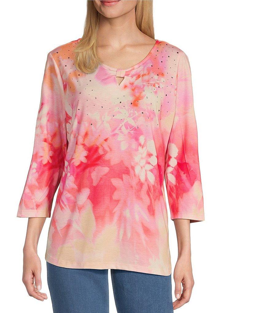 Allison Daley Ombre Floral Print 3/4 Sleeve Keyhole Neck Knot Knit Top Product Image