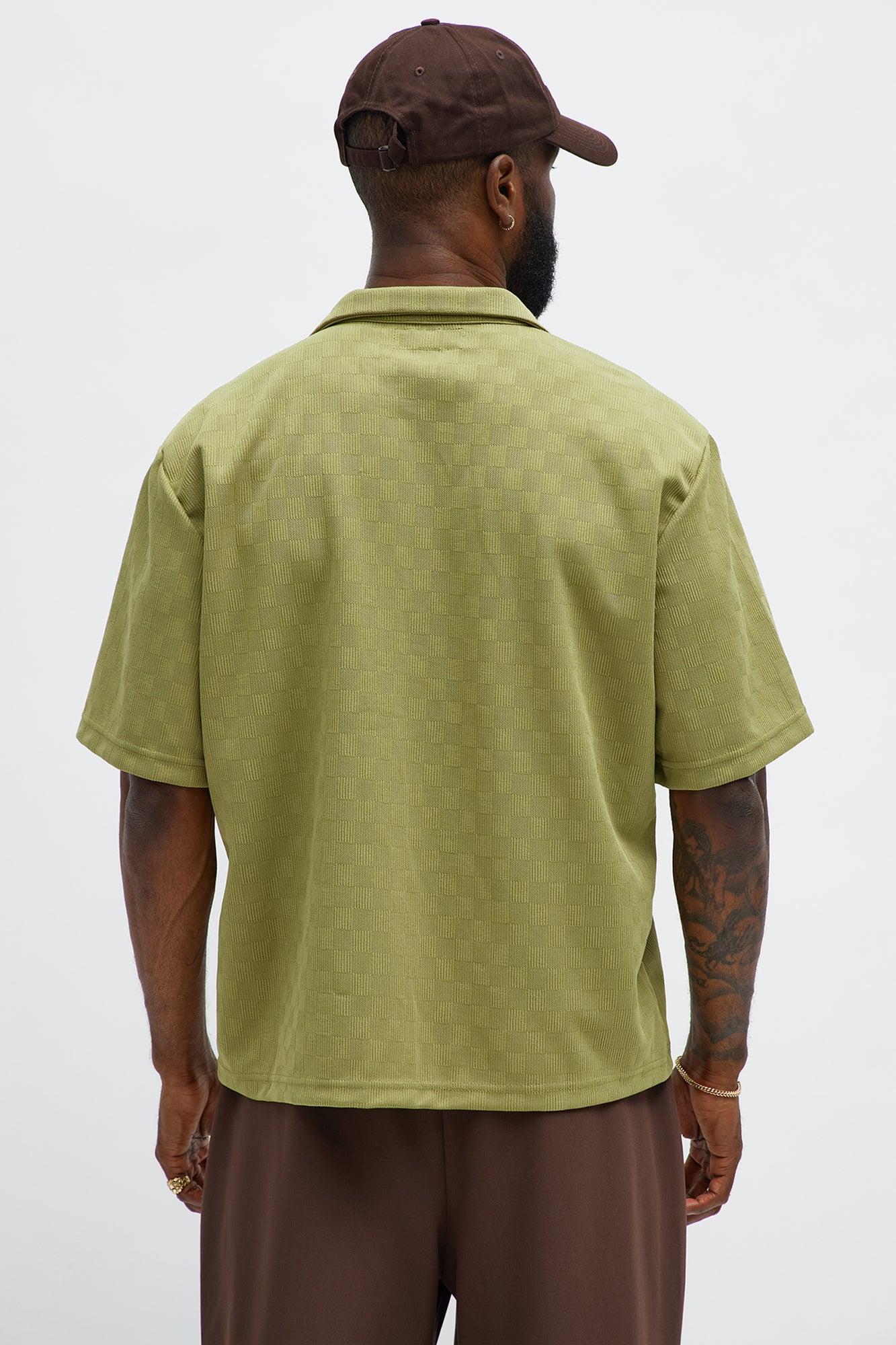 Checker Texture Cuban Button Up Shirt - Olive Male Product Image