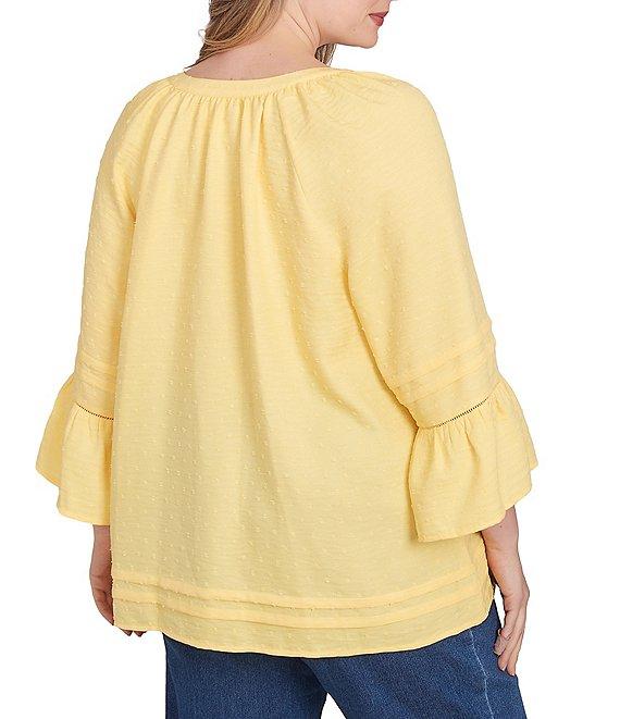 Ruby Rd. Plus Size Woven Embellished Trim Clip-Dot Mandarin Collar 3/4 Sleeve Button-Front Top Product Image