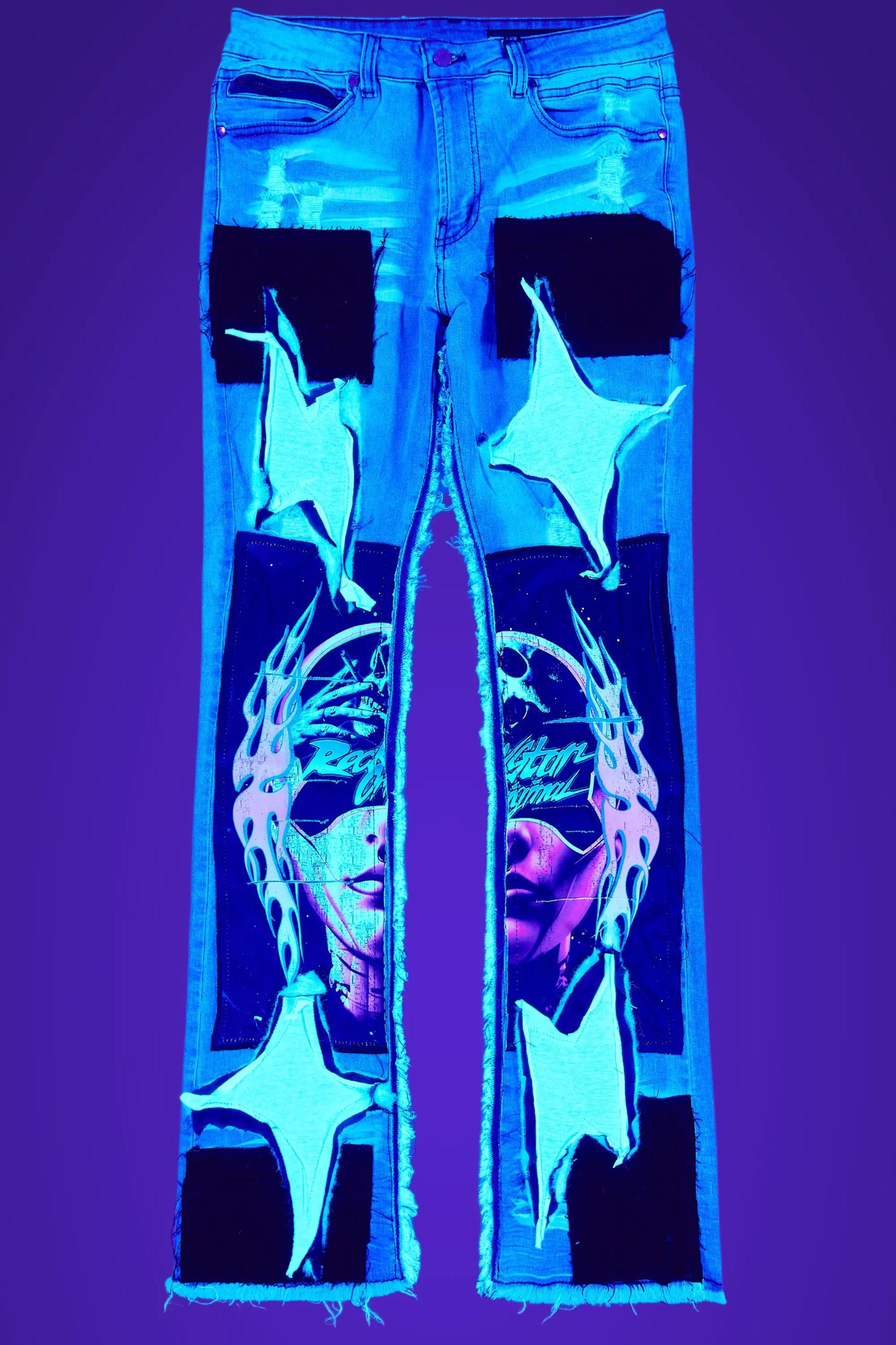 Helios Blue Patchwork Stacked Flare Jean Male Product Image