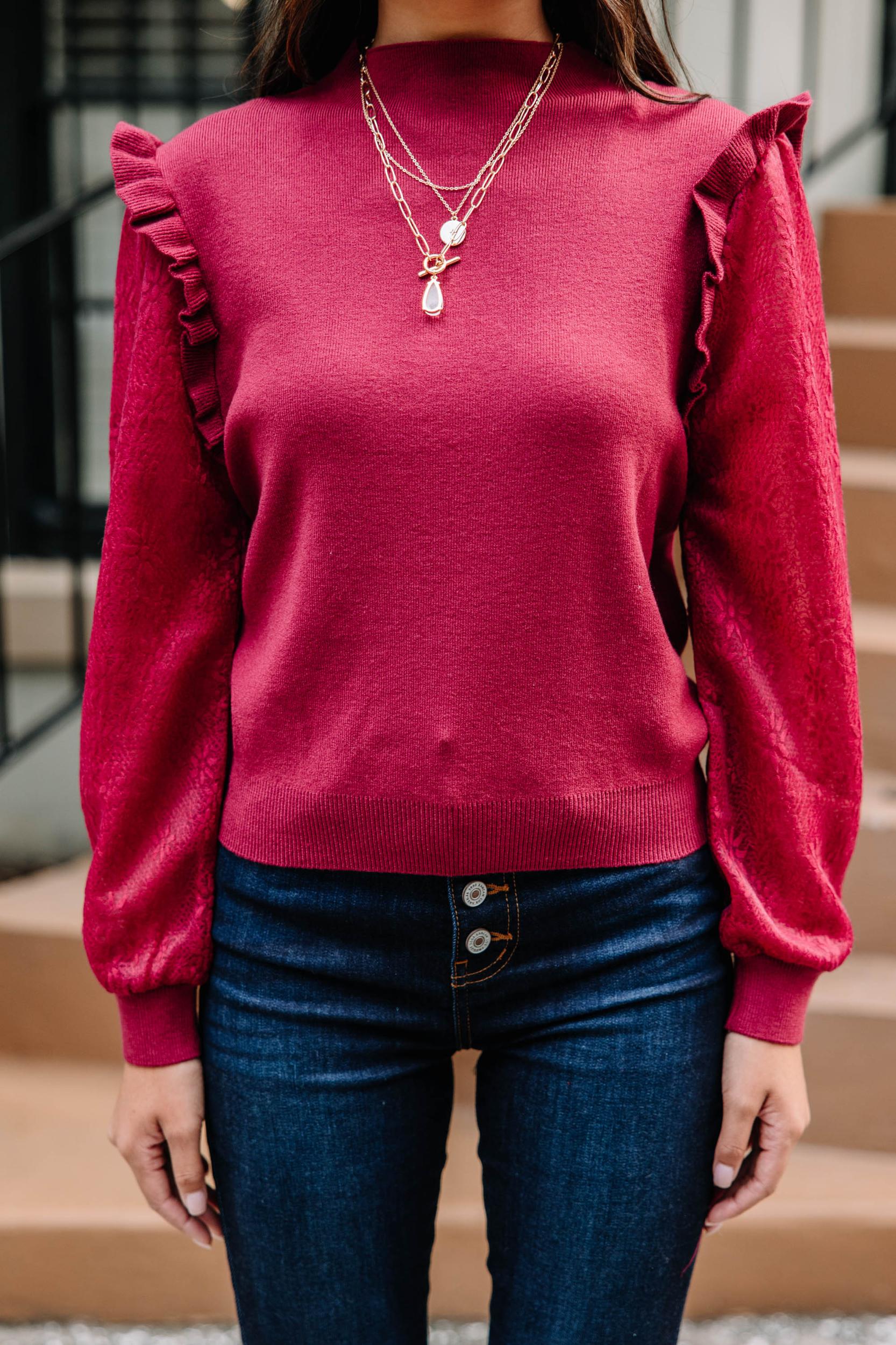 All Around The Way Wine Red Ruffled Sweater Female Product Image