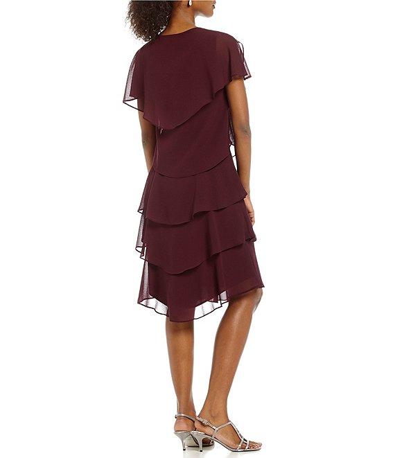 Ignite Evenings Jewel V-Neck Short Sleeve Georgette Tiered Capelet Shift Dress Product Image