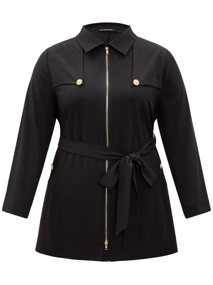 Solid Belted Button Detail Zipper Pocket Coat Female Product Image