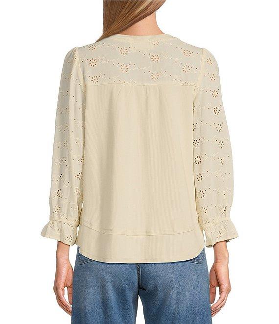 Nurture by Westbound Petite Size Knit 3/4 Sleeve Crew Neck Eyelet Detail Top Product Image