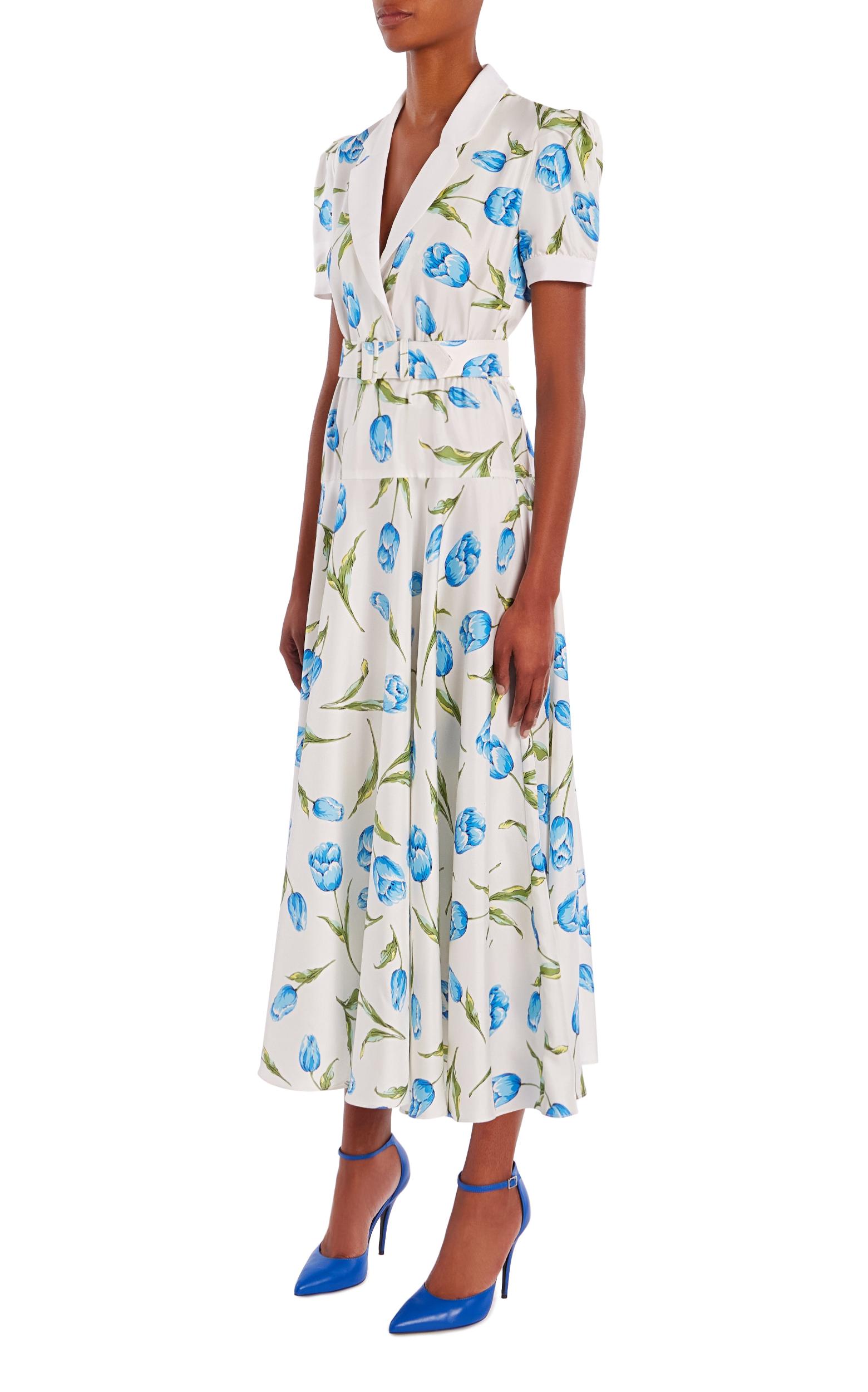 Tulip Printed Silk Silk Twill Collared Dress With Belt Product Image