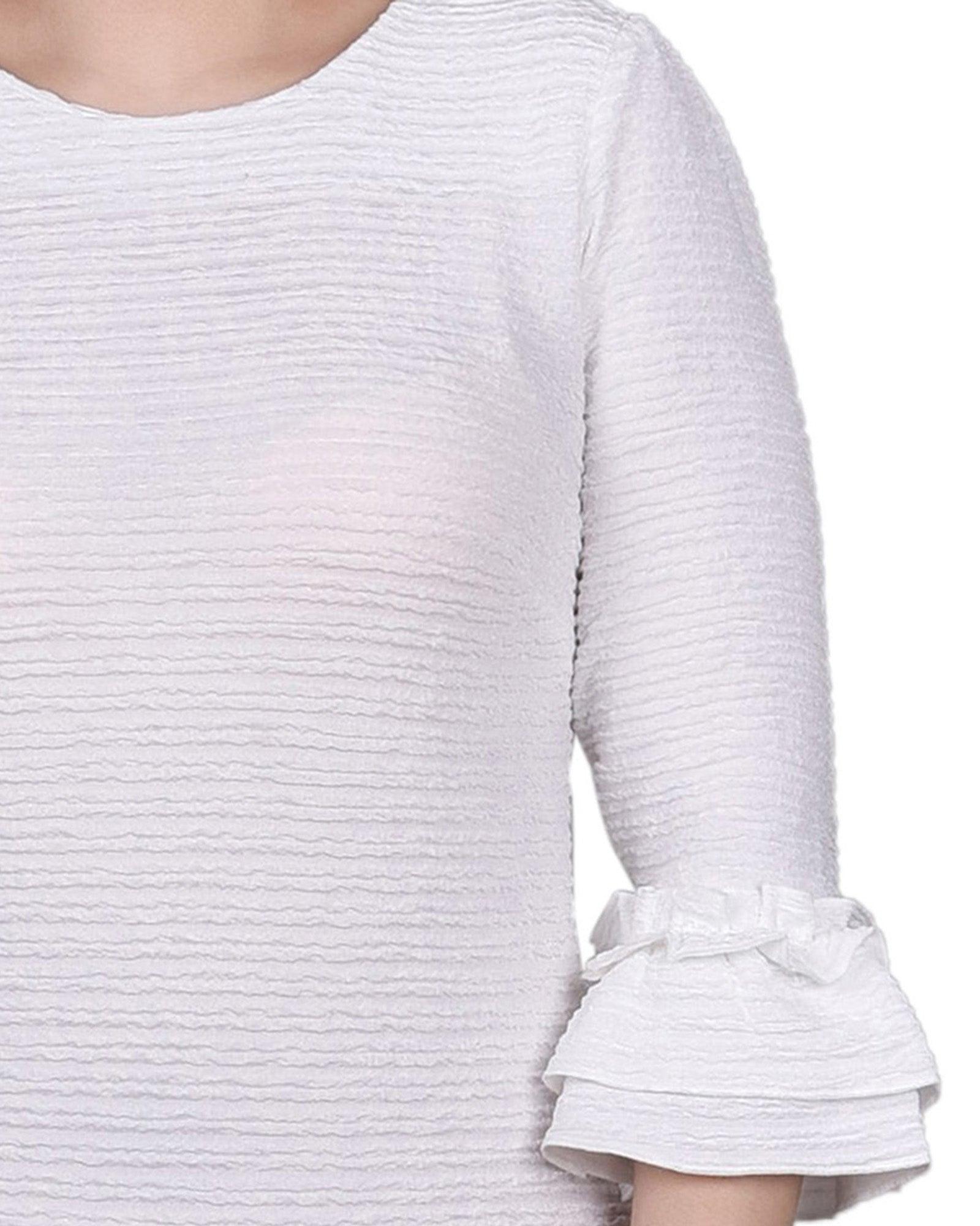 White 3/4 Sleeve Textured Knit Dress - Petite Product Image