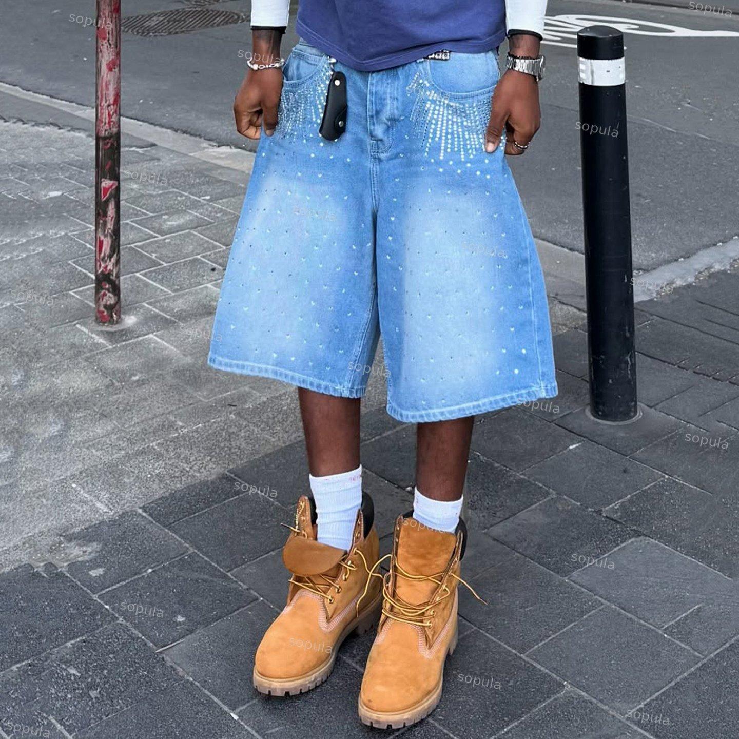 Street Washed Hot Diamond Design Baggy Jorts Denim Shorts Product Image