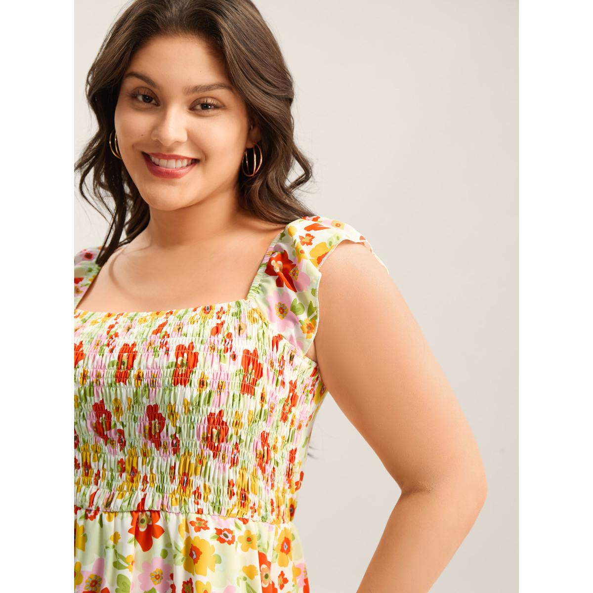 Plus Size Floral Garden Stretchy Waist Shirred Midi Dress Ivory Women Square Neck Cap Sleeve Curvy BloomChic 22-24/3X Product Image