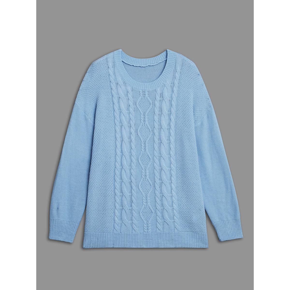 Plus Size Solid Round Neck Plisse Cable Knit Pullover LightBlue Women Casual Loose Long Sleeve Round Neck Everyday Pullovers BloomChic 22-24/3X Product Image