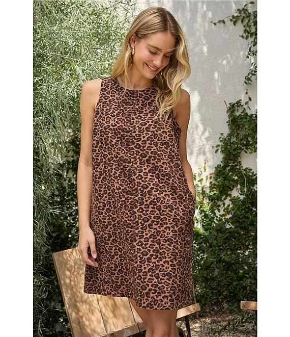 Skies Are Blue Leopard Print Crew Neck Sleeveless Denim Dress Product Image