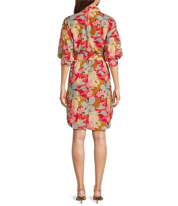 APNY Woven Floral Print Point Collar 3/4 Sleeves Shift Dress Product Image