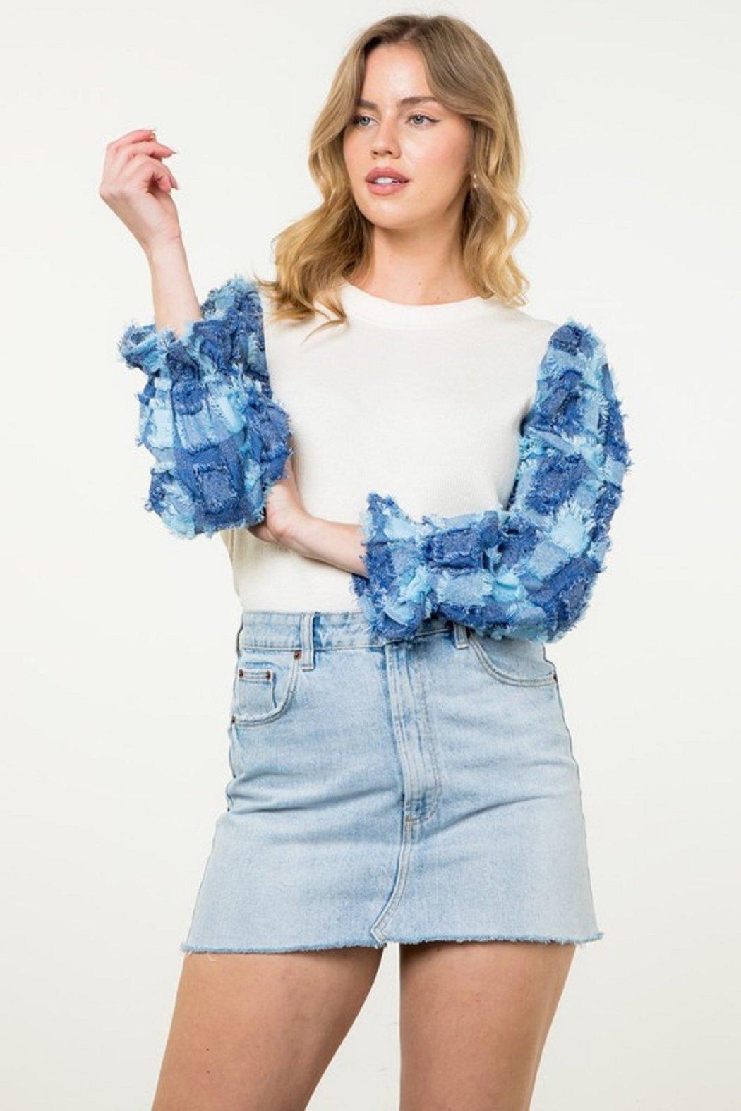 Denim Patchwork Sleeve Top Product Image