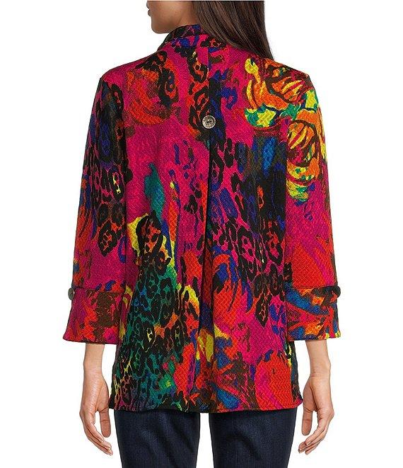 Calessa Textured Crinkle Patchwork Animal Print Stand Collar 3/4 Sleeve Button-Front Tunic Product Image