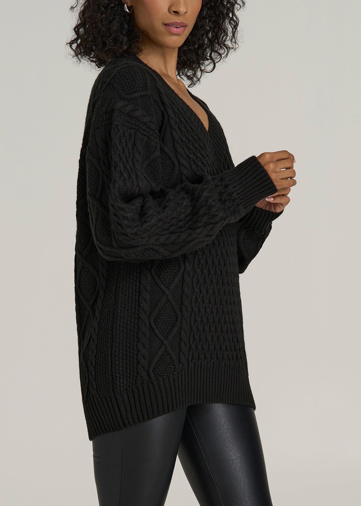 V-Neck Cashmere Blend Cable Knit Sweater for Tall Women in Black Female Product Image