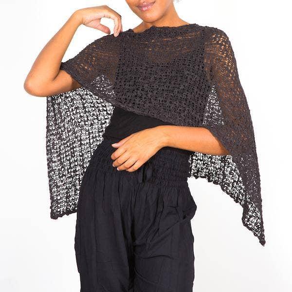 Short Popcorn Knit Poncho - Black Product Image