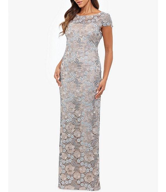 Xscape Lace Boat Neck Short Sleeve Back Slit Gown Product Image